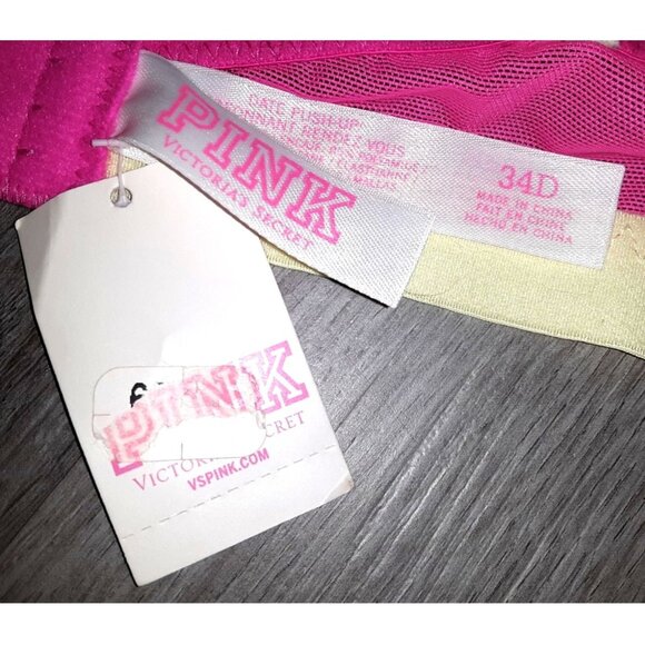 Victoria's Secret PINK Date Push Up Bra Size 34D Hot Pink Lace Neon Yellow Green - Picture 7 of 7